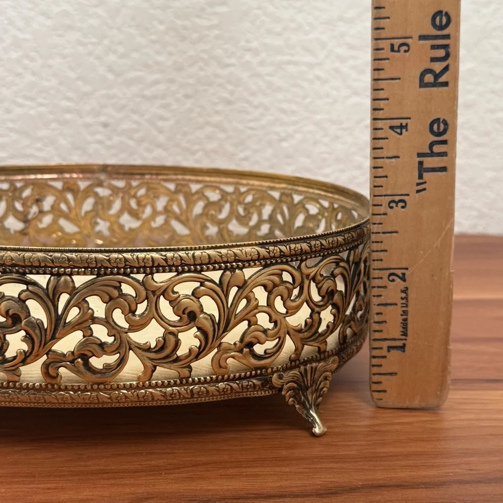 Vintage Gold Gilt Ormolu Filigree Hollywood Regency Lid Glass Vanity Jewelry Box